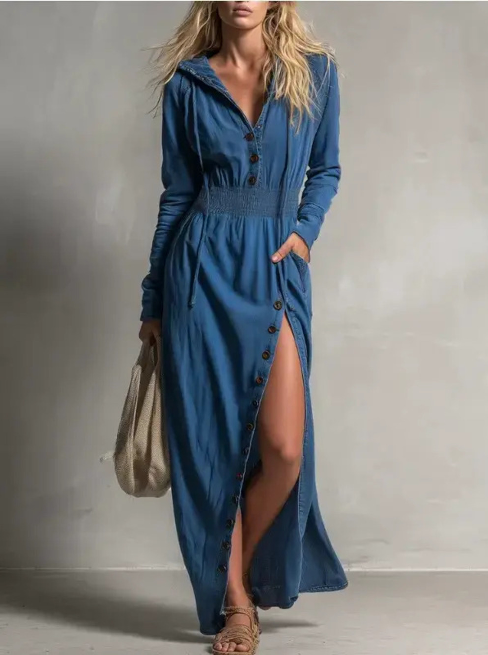 H&M Vintage Hooded Long Sleeve Slit Loose Long Denim Skirt